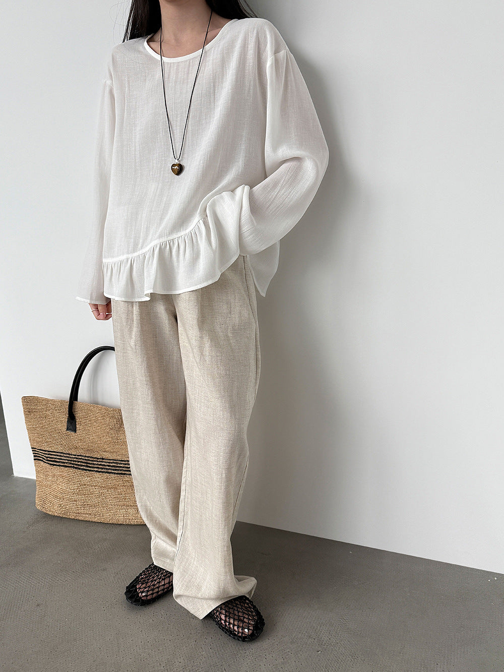 韓系亞麻垂墜感鬆緊腰闊腿褲-3色