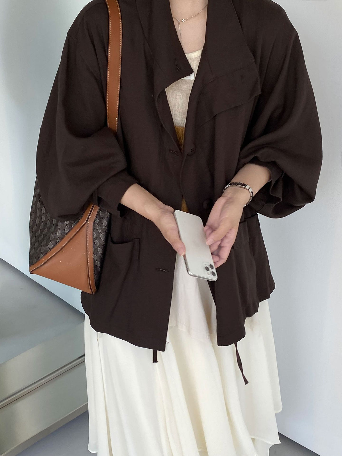 松系美學老錢風廓形蝙蝠袖亞麻風衣