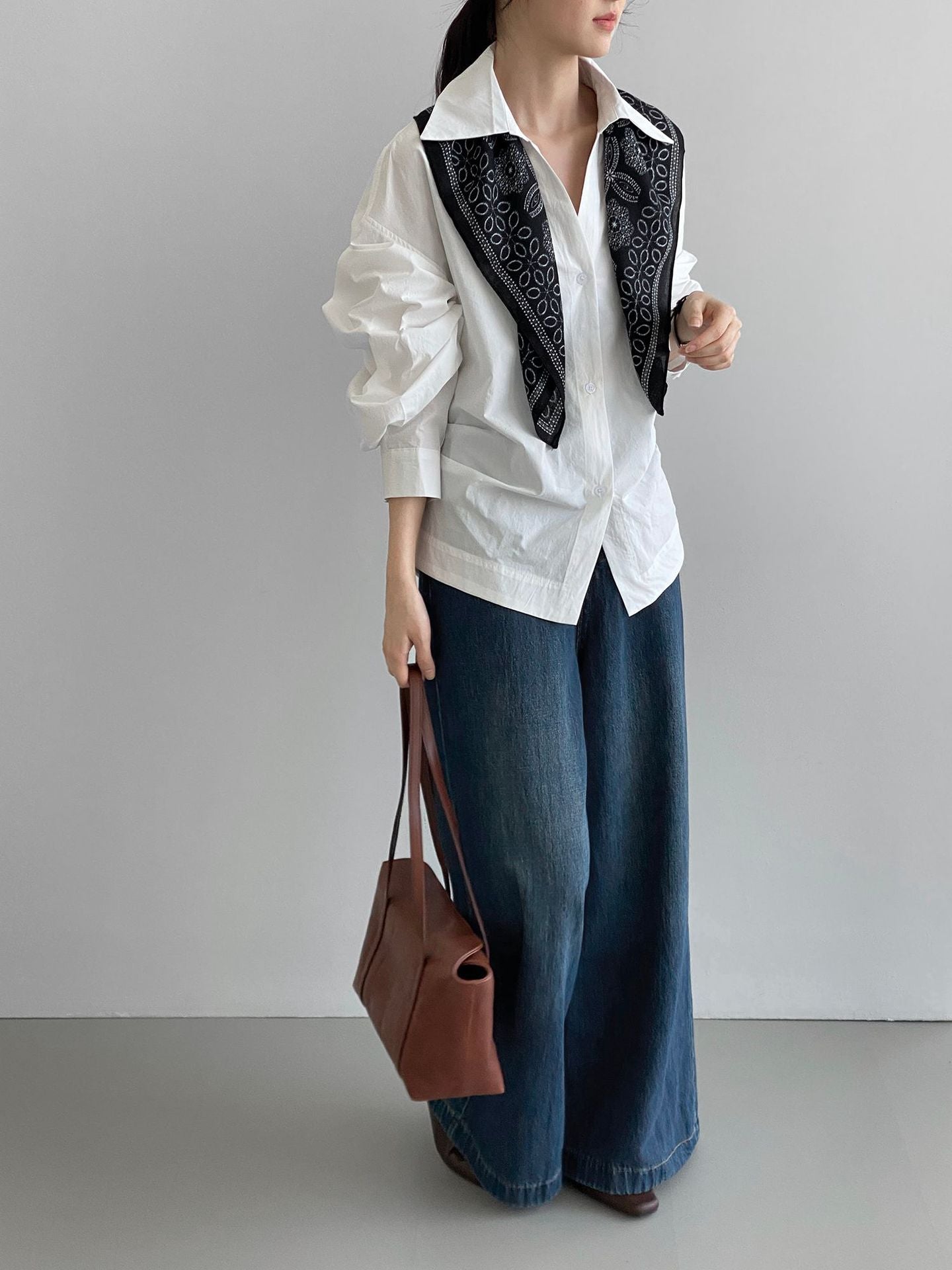 韓系通勤氣質顯瘦抽褶收腰襯衫+含披肩-3色