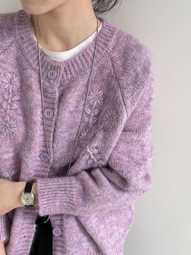 韓系立體手工花朵刺繡針織開衫外套-3色