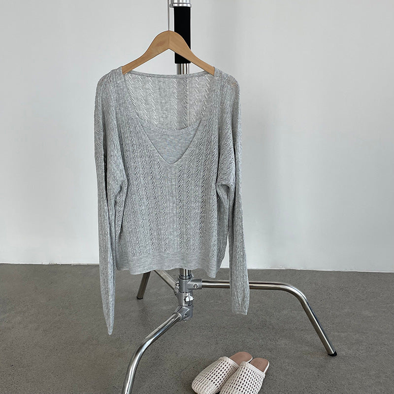 韓系鏤空V領防曬針織罩衫+吊帶上衣-兩件式套裝-4色