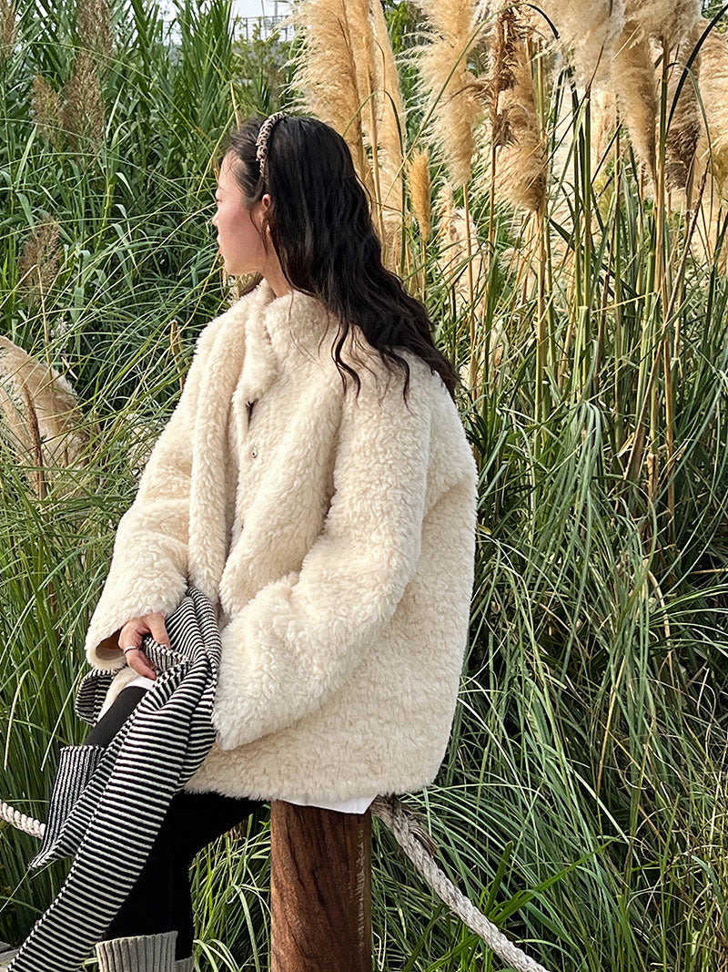 美拉德立領羊羔毛皮毛一體外套大衣-2色