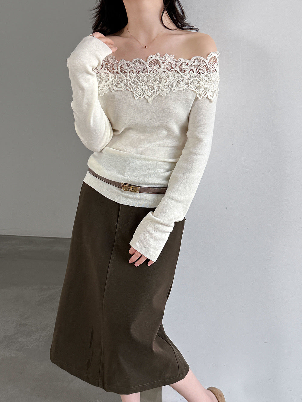 溫柔風綿羊毛蕾絲一字肩修身針織毛衣-2色