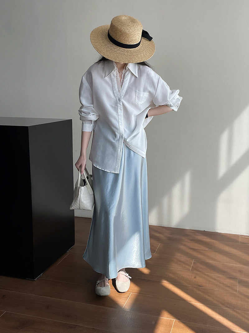 法式V領鬆弛感蕾絲拼接襯衫