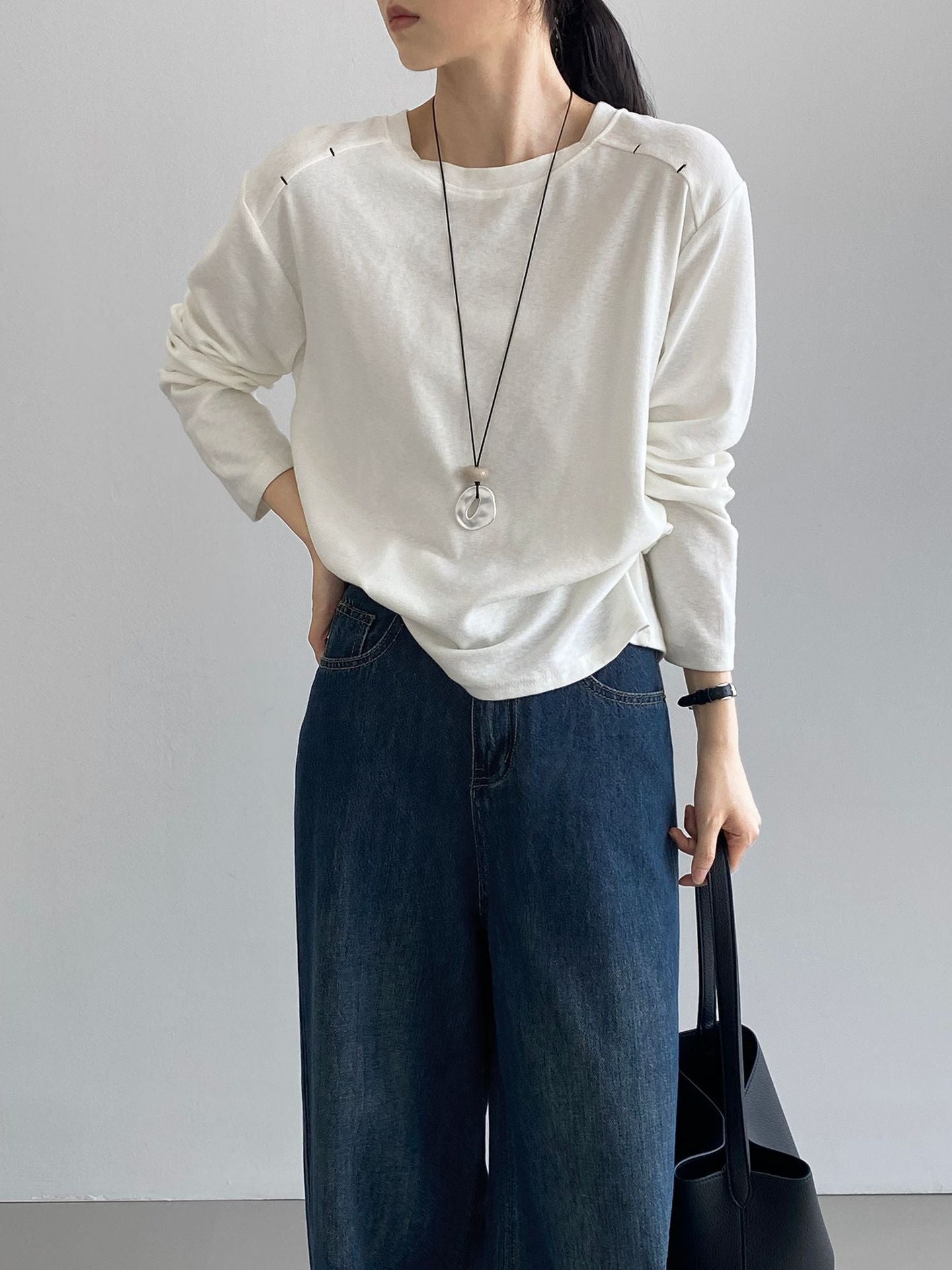 韓系設計款刺繡圓領長袖T恤-4色