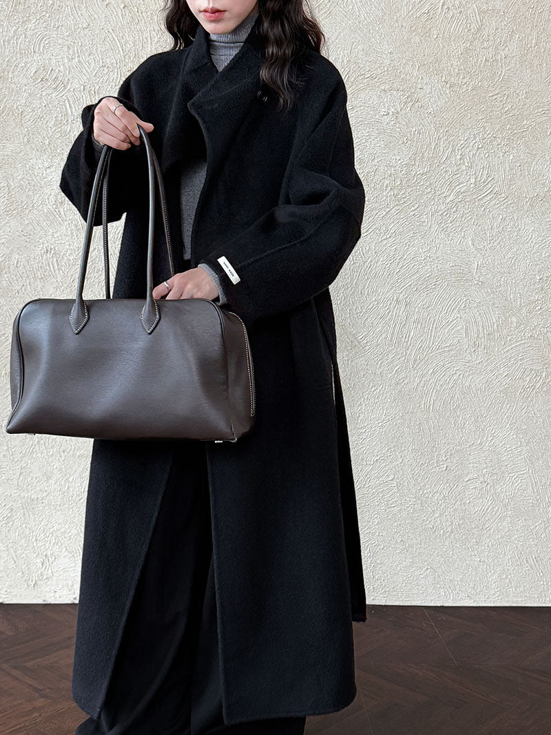 韓版慵懶斜扣領長款雙面呢羊毛大衣外套-3色