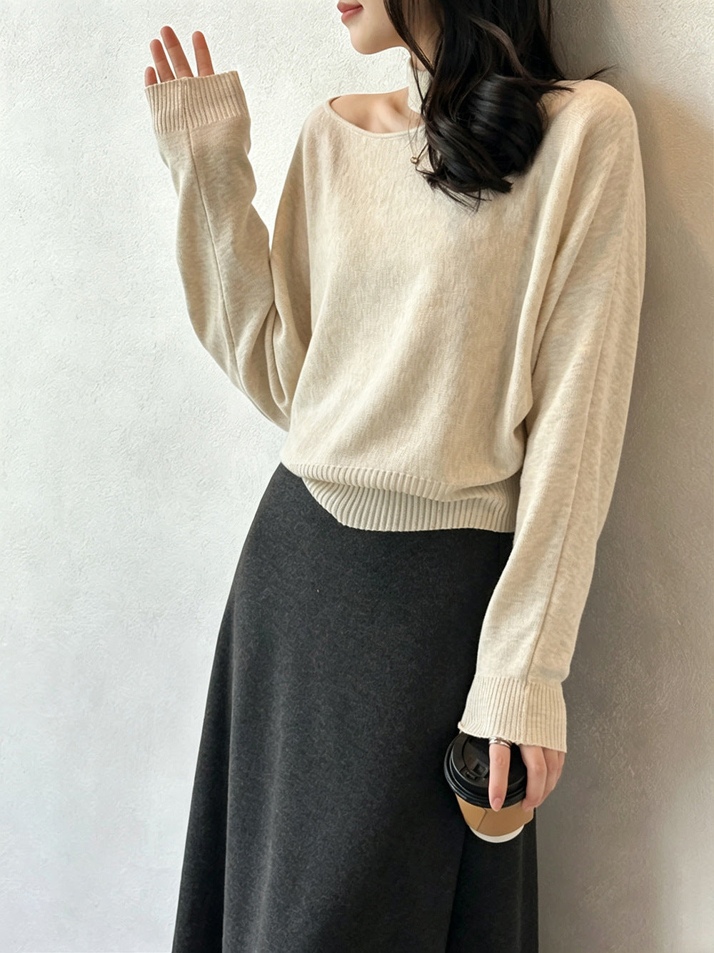 溫柔風掛脖露肩蝙蝠袖針織打底衫-4色