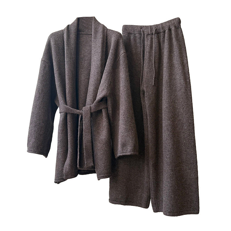 (48H出貨)高級慵懶風繫帶針織開衫+高腰闊腿褲-兩件式套裝-3色