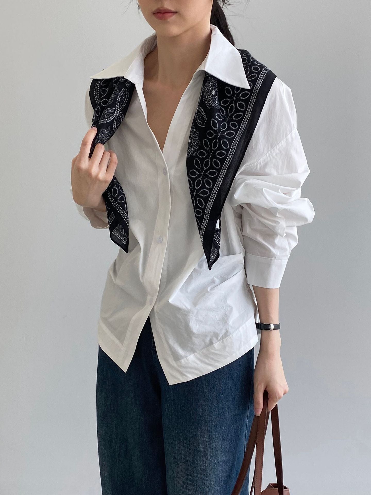 韓系通勤氣質顯瘦抽褶收腰襯衫+含披肩-3色