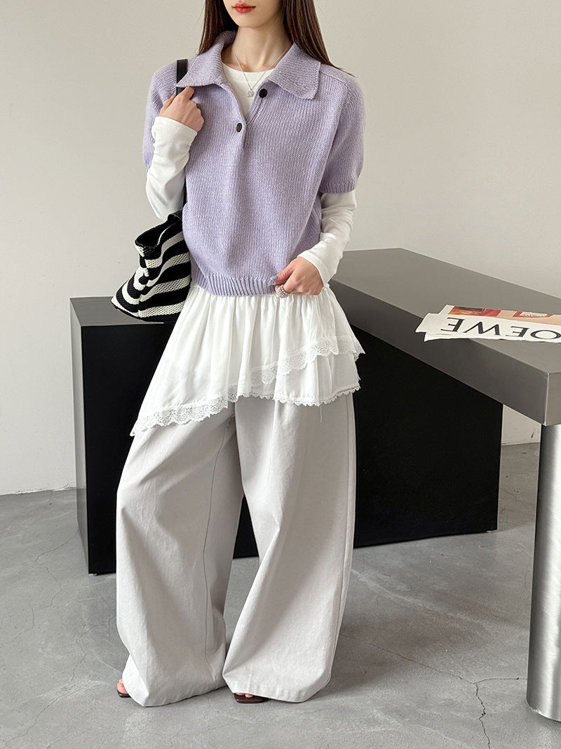 韓系氣質疊穿簡約Polo領針織顯瘦短袖毛衣-3色