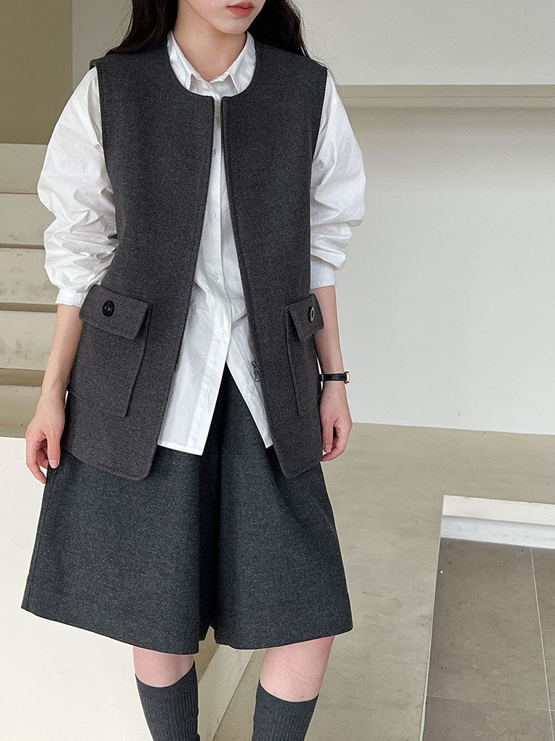 高級感寬鬆毛呢疊穿氣質圓領馬甲