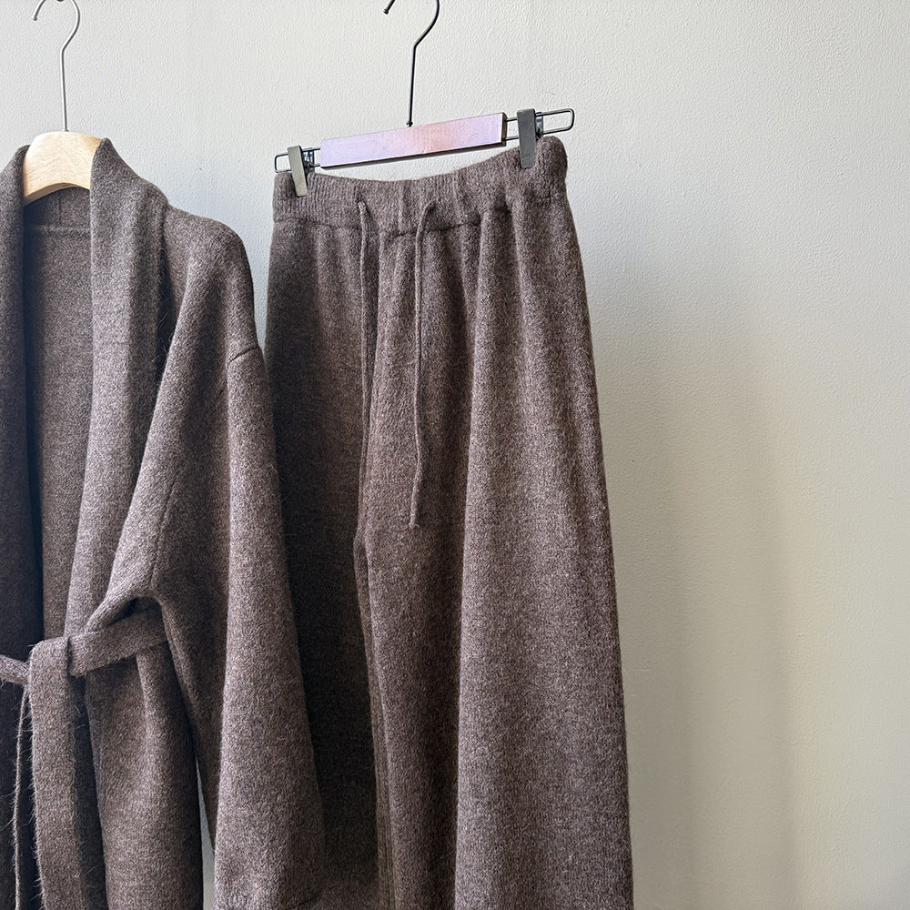 (48H出貨)高級慵懶風繫帶針織開衫+高腰闊腿褲-兩件式套裝-3色