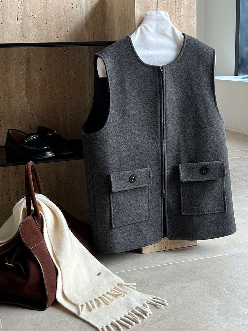 高級感寬鬆毛呢疊穿氣質圓領馬甲