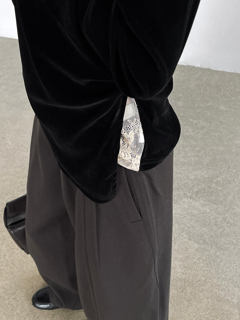 亨利領金絲絨拼接蕾絲修身打底衫-3色