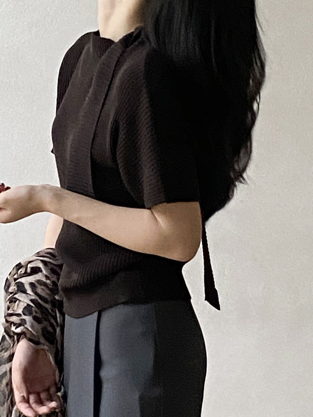 前後兩穿披肩針織T恤女 秋季小衆短袖簡約打底上衣-4色