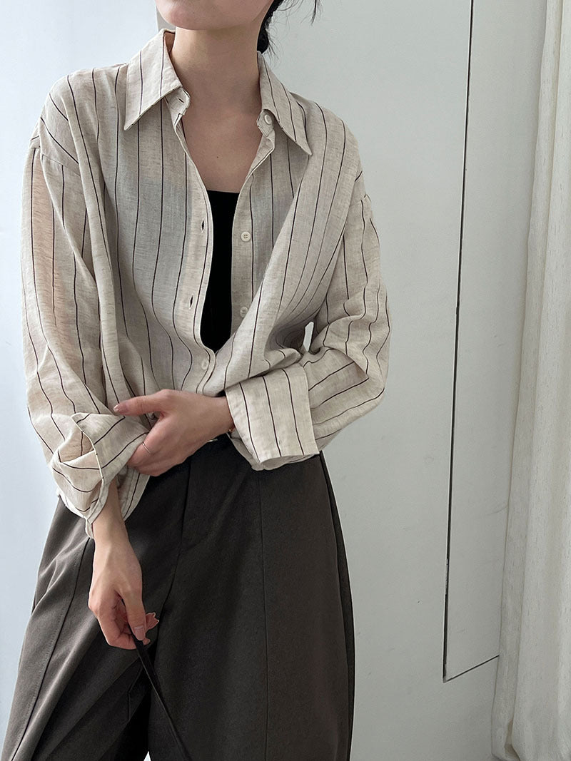 質感老錢風休閒條紋亞麻長袖襯衫外套-2色