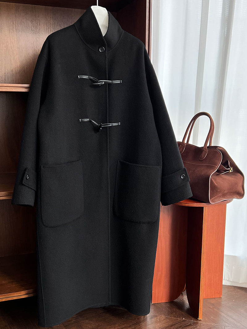 復古立領牛角扣羊毛雙面毛呢大衣外套