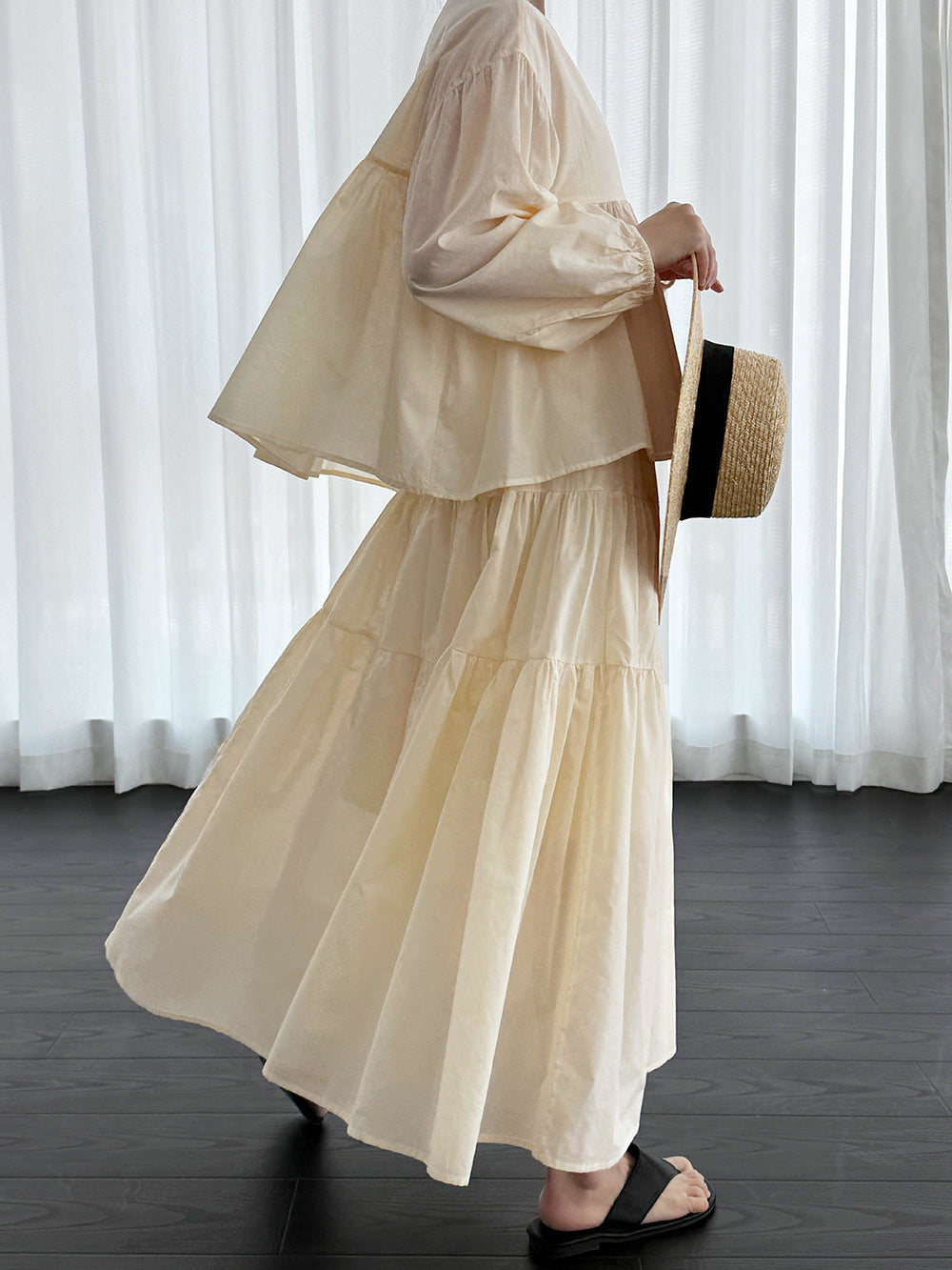 春感甜美娃娃衫+褶皺大擺半身裙-兩件式套裝-2色