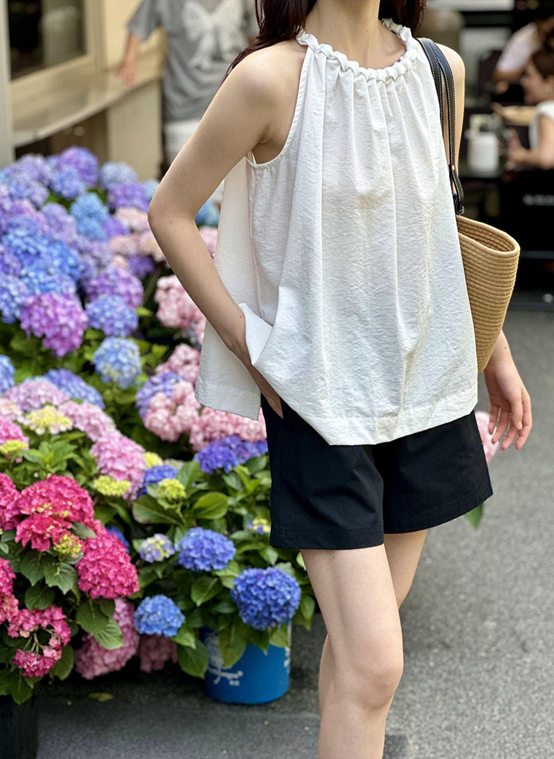 麻花邊領渡假風氣質掛脖背心-3色