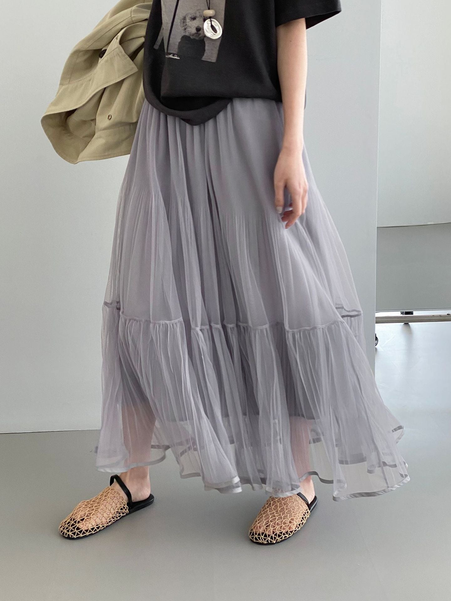 韓系溫柔飄逸網紗拼接百搭浪漫半身裙-3色