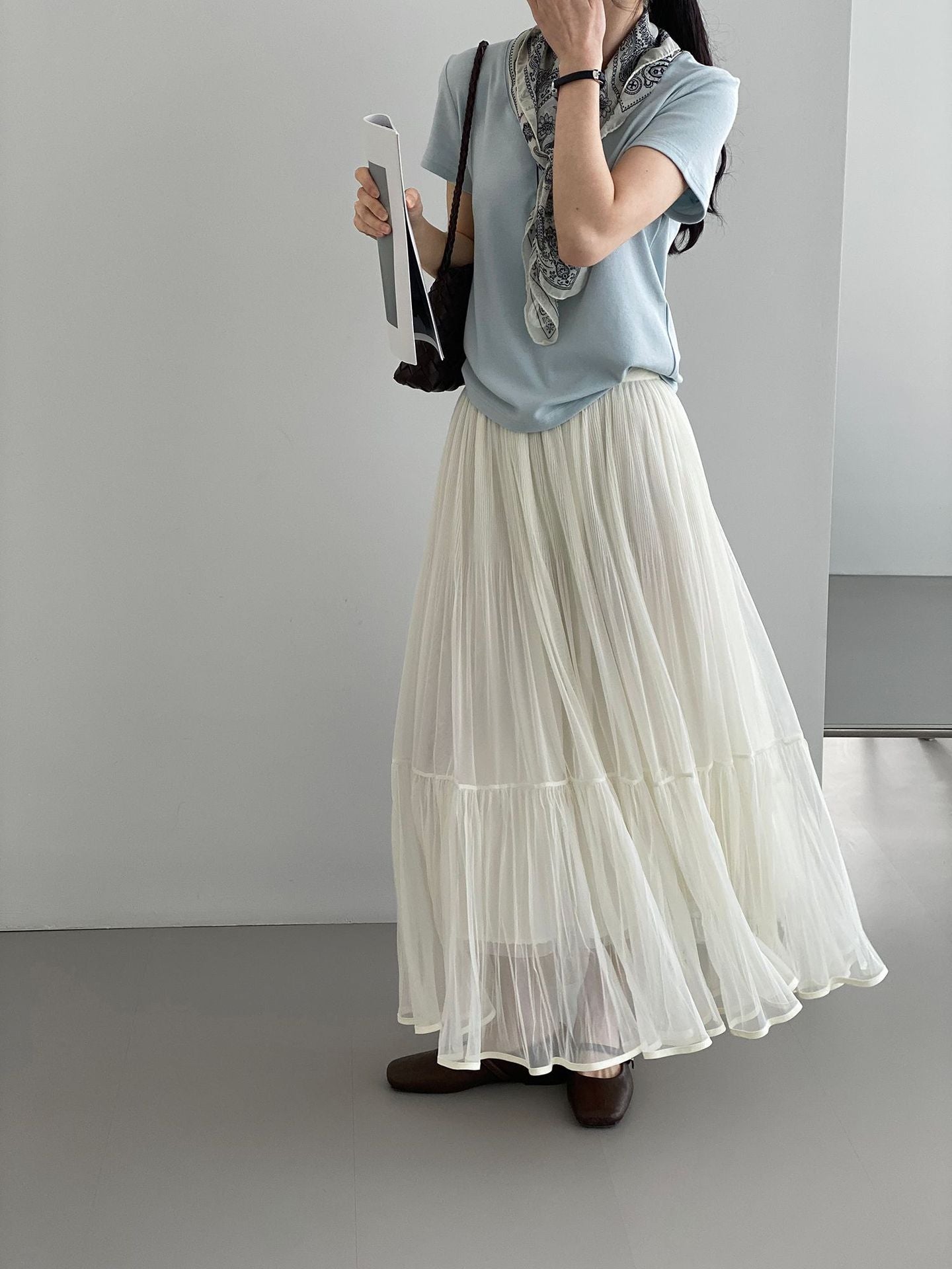 韓系溫柔飄逸網紗拼接百搭浪漫半身裙-3色