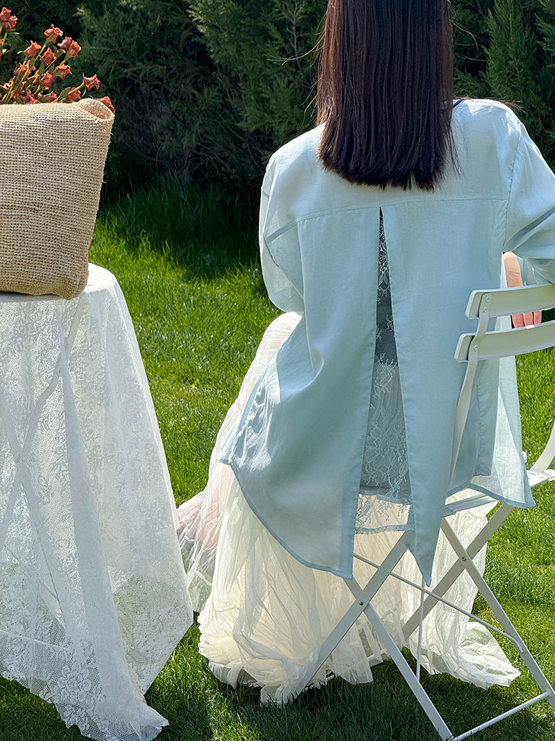 韓系天絲純欲感背後蕾絲純色襯衫外套-2色