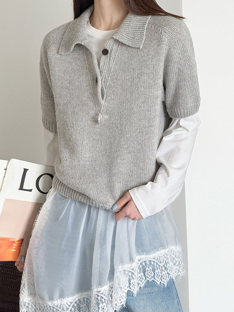 韓系氣質疊穿簡約Polo領針織顯瘦短袖毛衣-3色