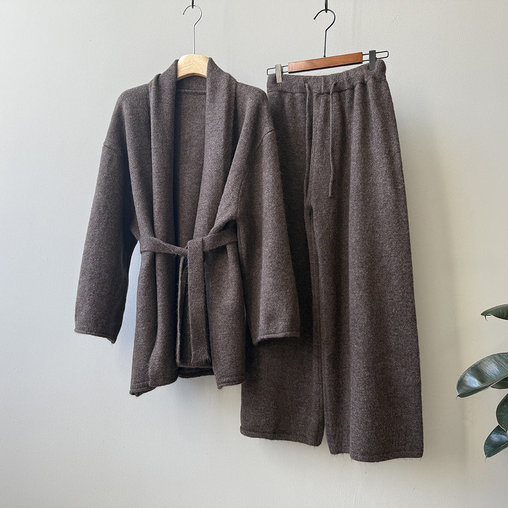 (48H出貨)高級慵懶風繫帶針織開衫+高腰闊腿褲-兩件式套裝-3色