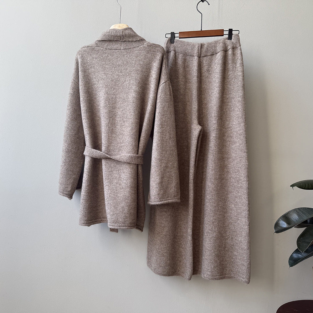 (48H出貨)高級慵懶風繫帶針織開衫+高腰闊腿褲-兩件式套裝-3色