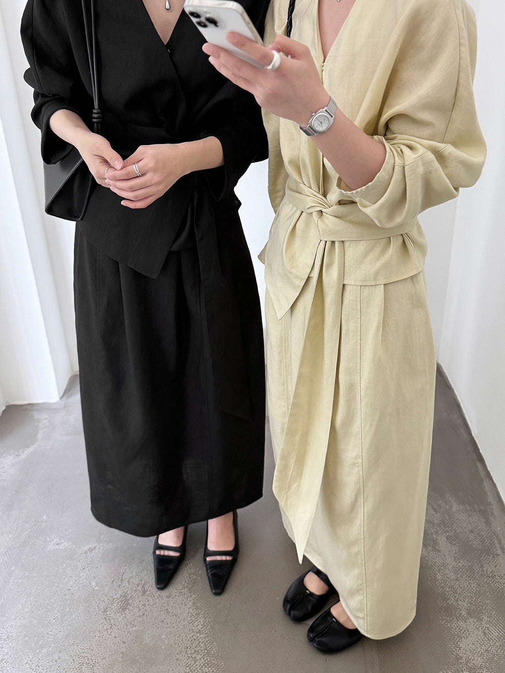 簡約氣質亞麻襯衫＋半身長裙-兩件式套裝-3色