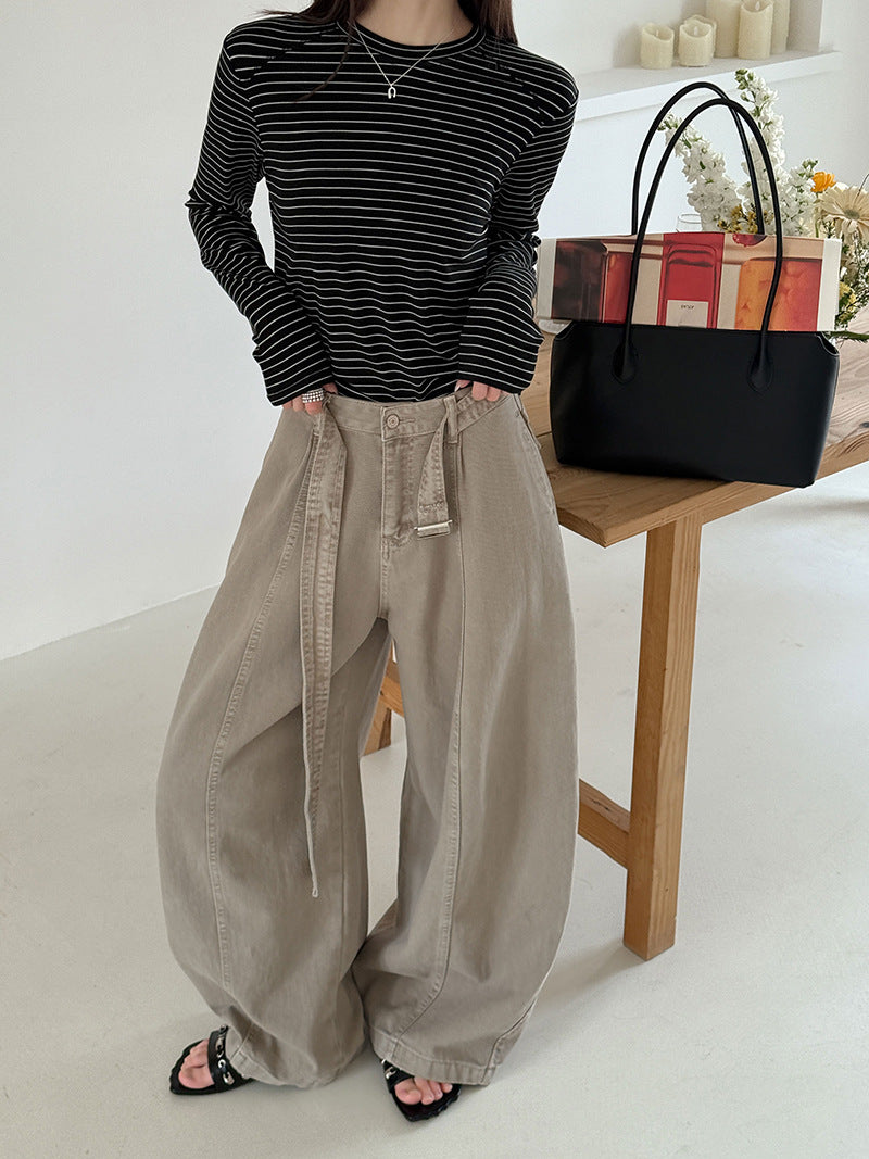 韓系復古高腰寬鬆顯瘦闊腿牛仔褲+腰帶-3色