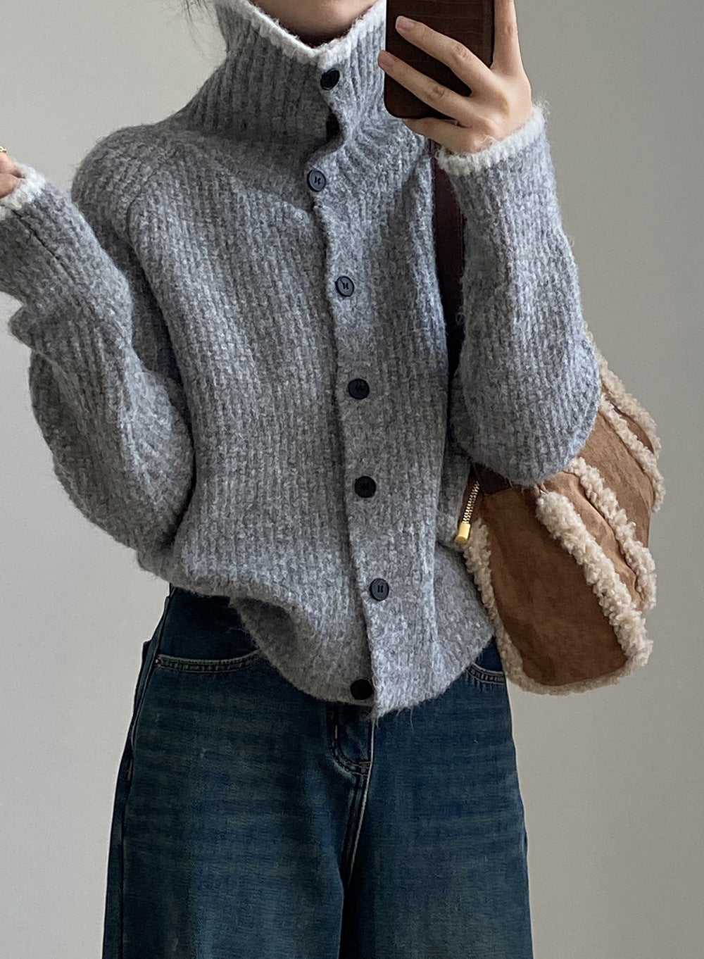 (48H出貨)韓系慵懶撞色翻領單排扣毛衣開衫外套-4色