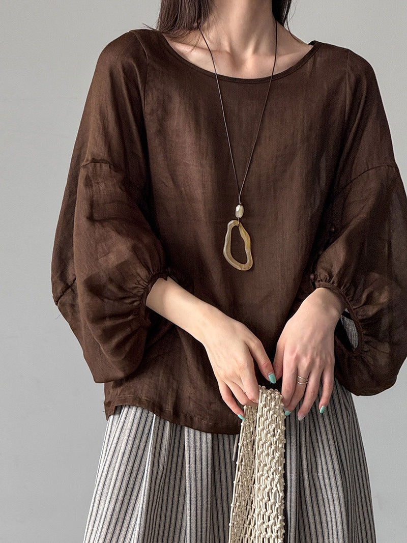 韓系文藝風苧麻圓領套頭襯衫上衣-3色