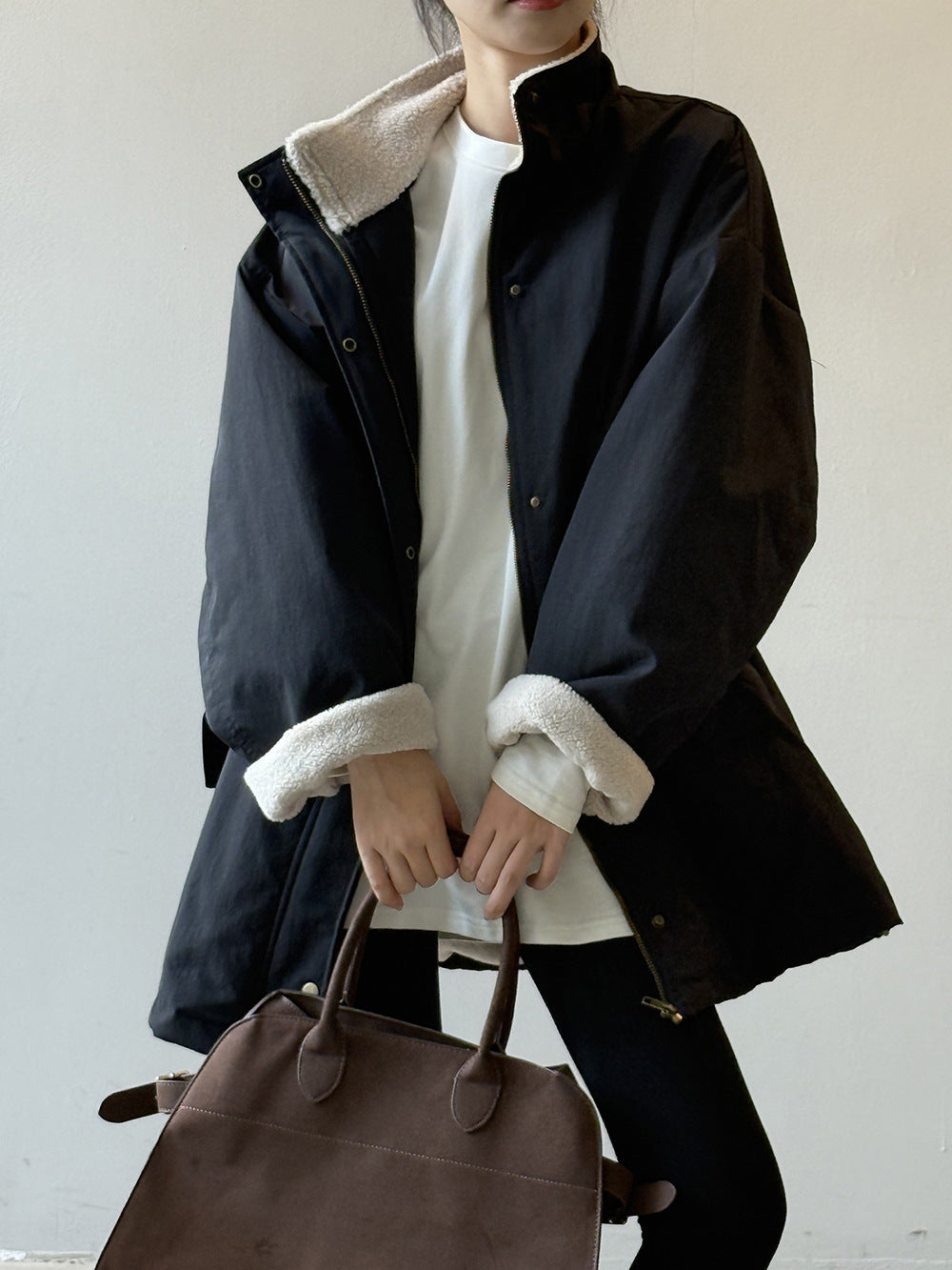 韓系設計感立領羊羔毛工裝保暖派克外套-2色