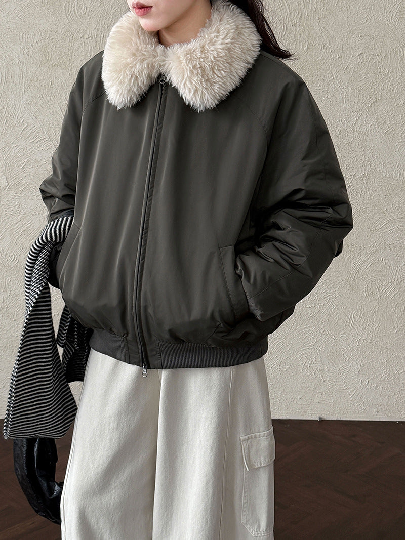 韓系保暖毛毛領夾棉夾克外套-2色