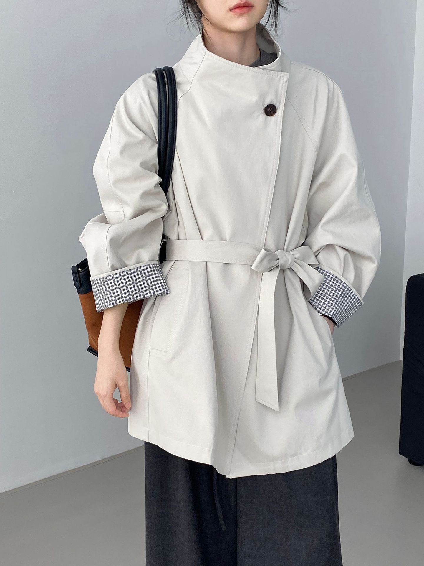 韓系復古英倫風立領寬鬆顯瘦收腰風衣外套-3色