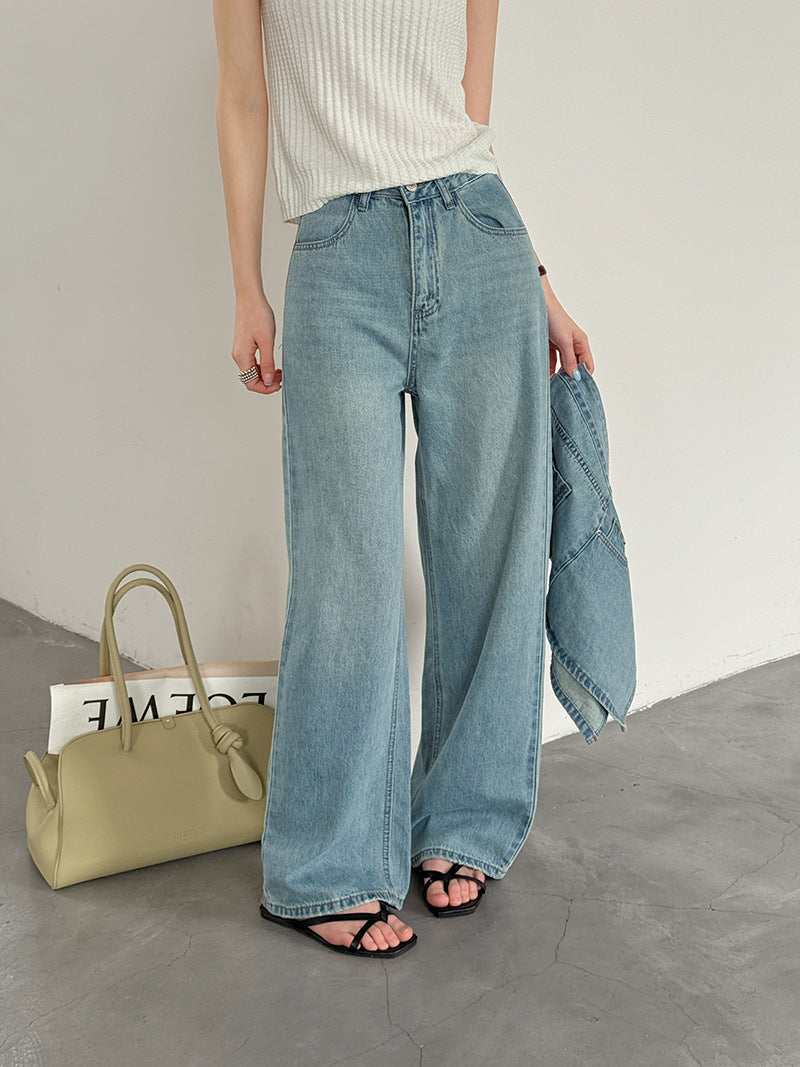 韓系小衆水洗可拆牛仔屁簾高腰顯瘦直筒牛仔褲