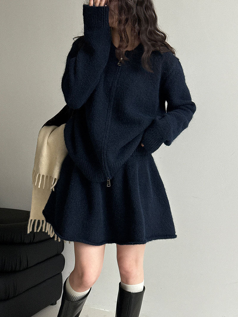 韓系軟糯休閒針織毛衣+卷邊A字短裙-兩件式套裝-3色