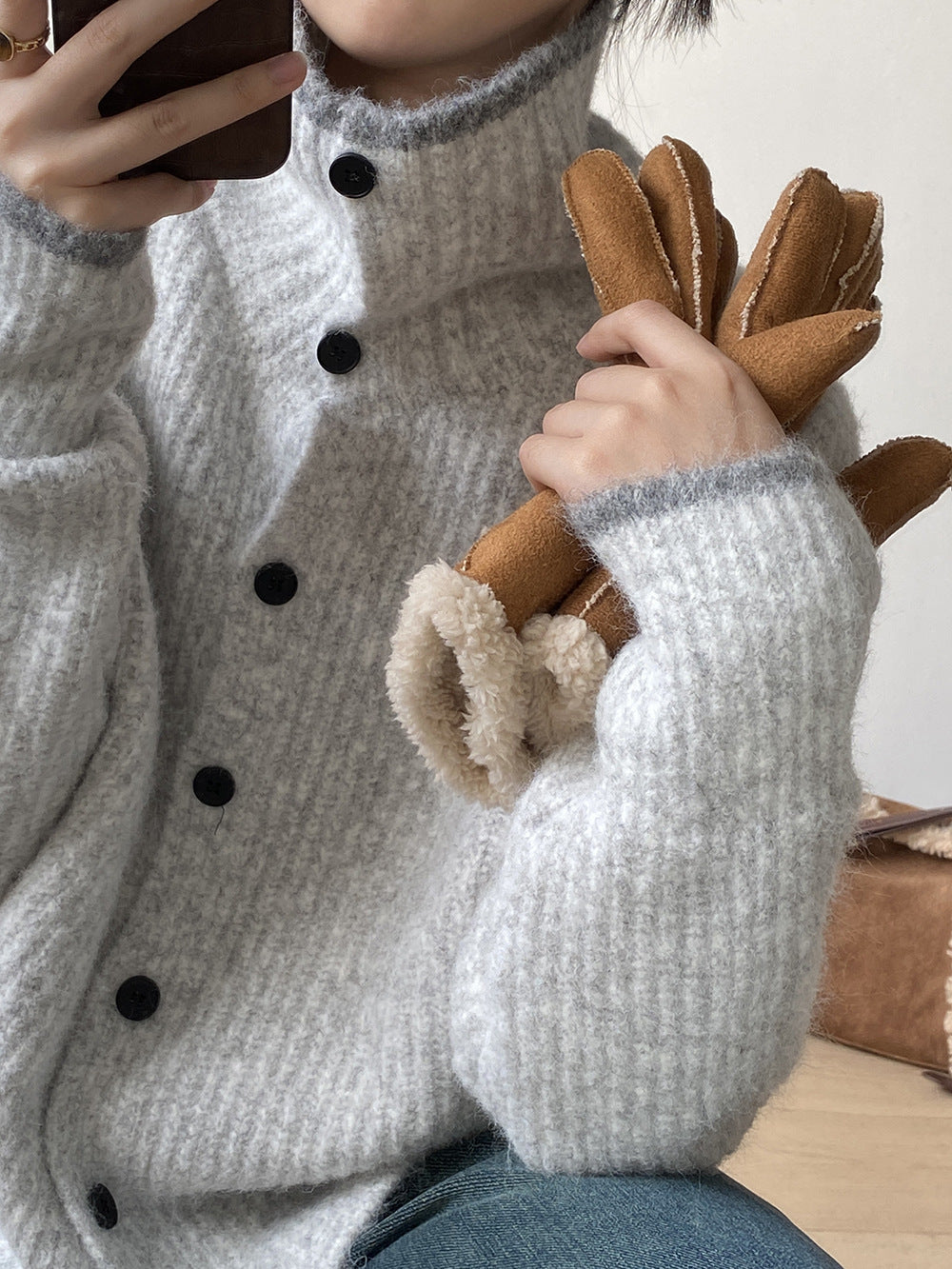 (48H出貨)韓系慵懶撞色翻領單排扣毛衣開衫外套-4色