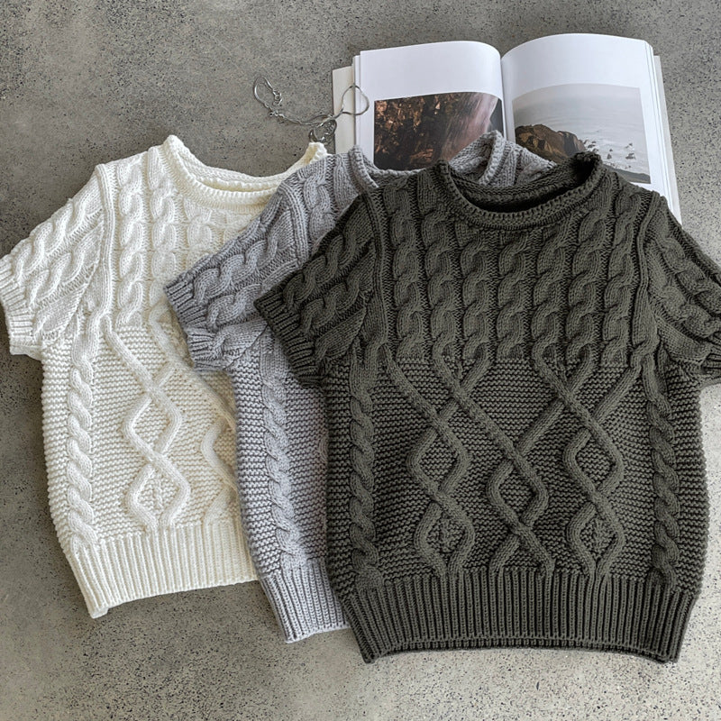 韓系減齡麻花圓領百搭疊穿短袖毛衣-3色