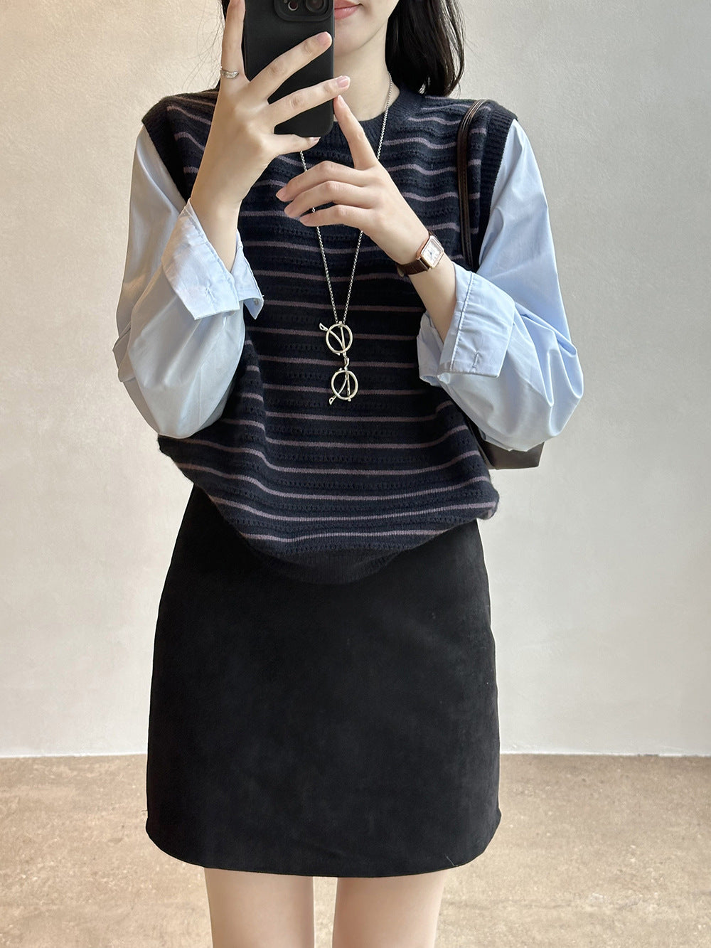韓系條紋假兩件圓領襯衫袖拼接針織衫-3色