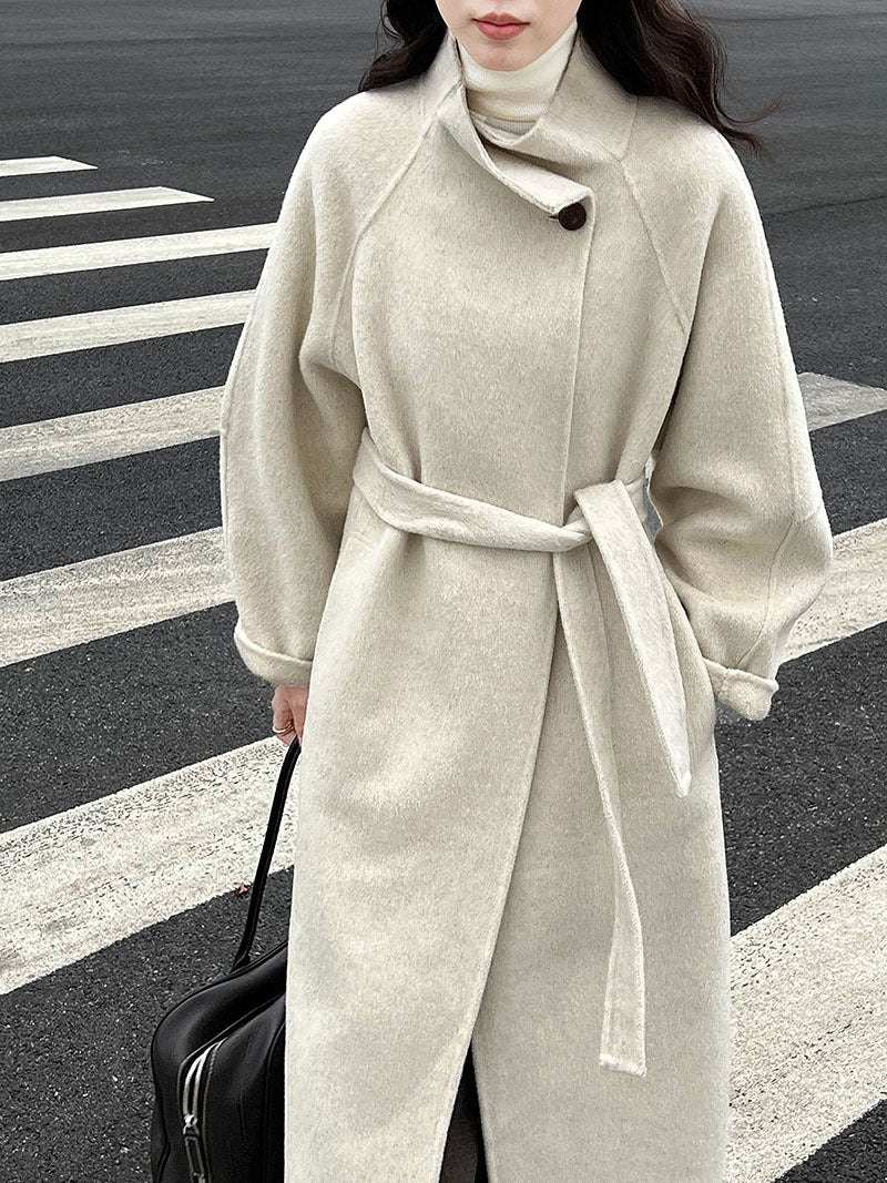 韓版慵懶斜扣領長款雙面呢羊毛大衣外套-3色