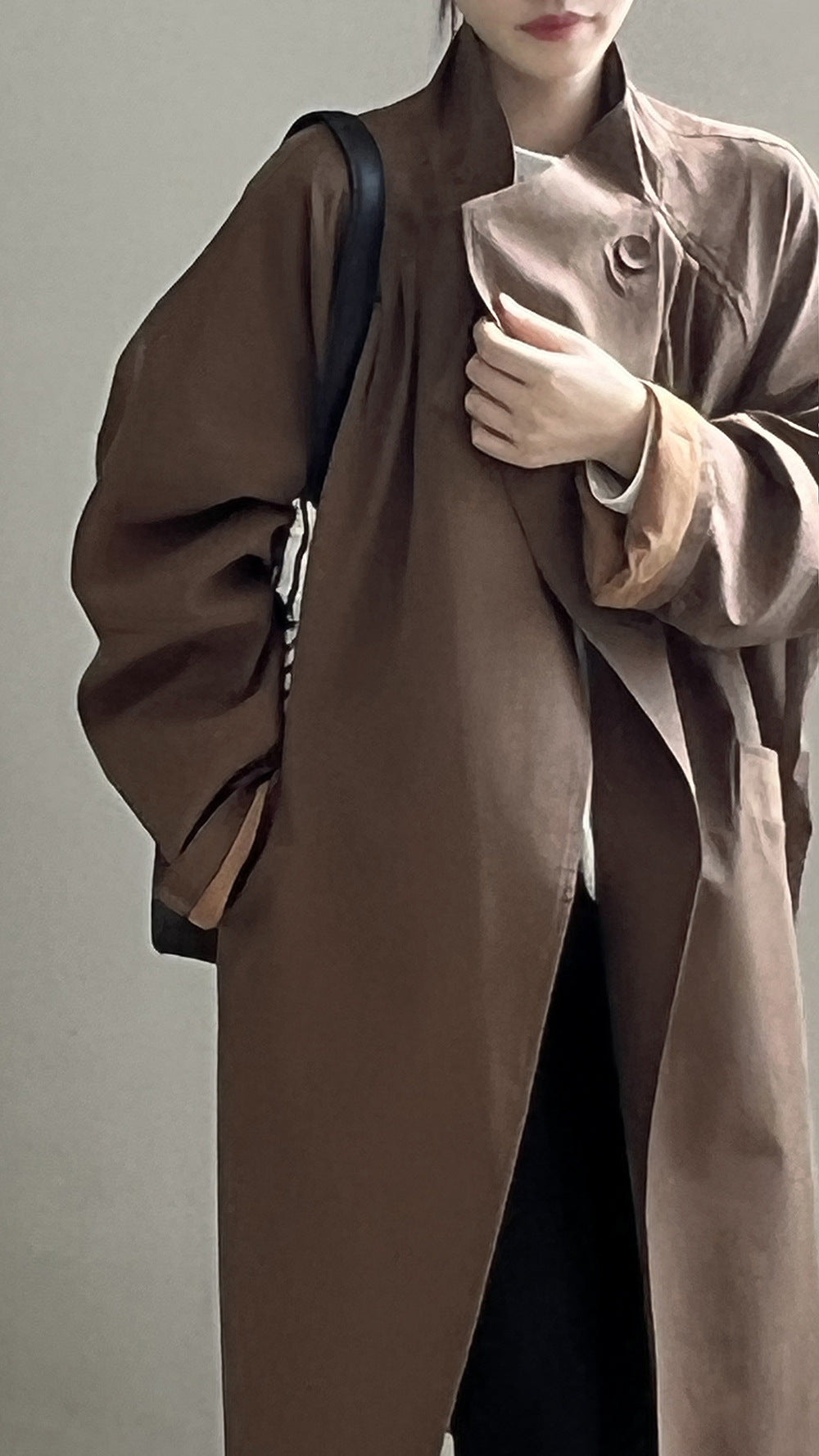 復古翻領一粒扣中長款風衣外套-2色