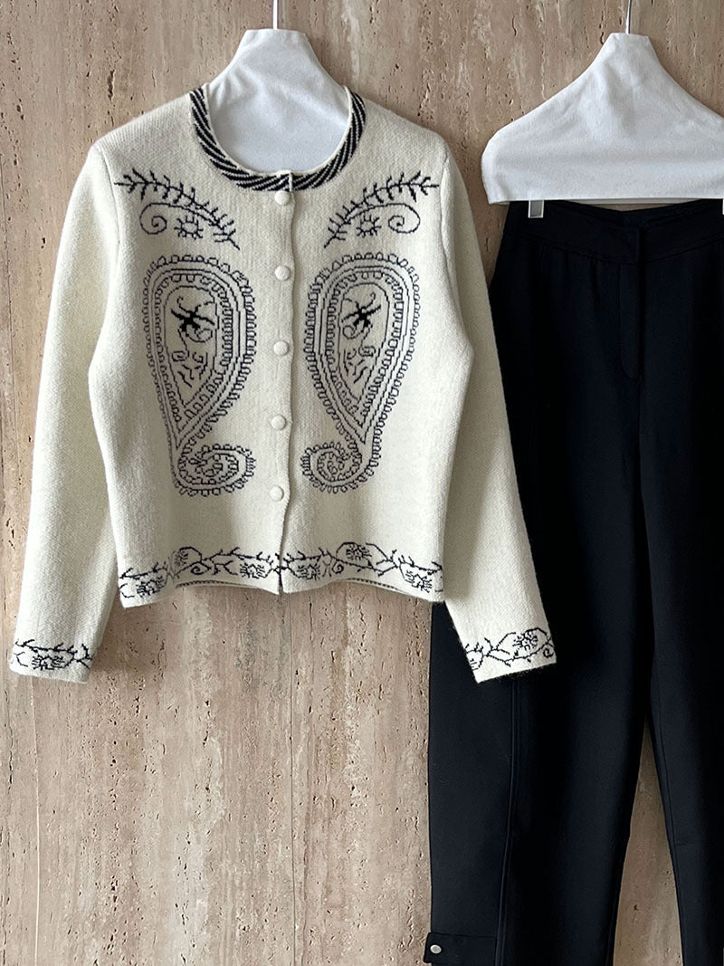 (48H出貨)簡約復古刺繡單排扣針織毛衣開衫