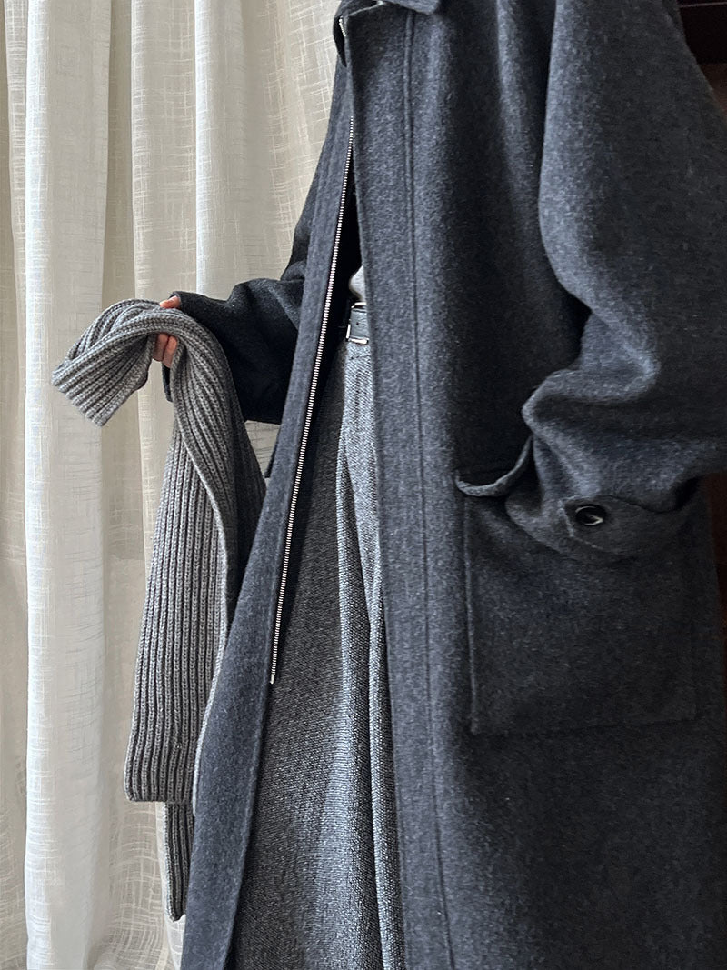 韓系高質感羊毛翻領拉鍊雙面呢大衣外套-2色
