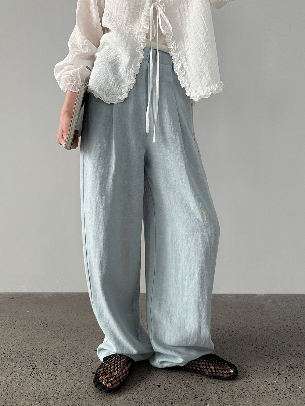 韓系亞麻垂墜感鬆緊腰闊腿褲-3色