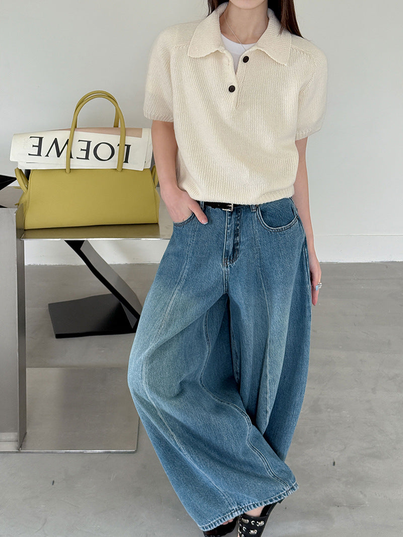 韓系氣質疊穿簡約Polo領針織顯瘦短袖毛衣-3色