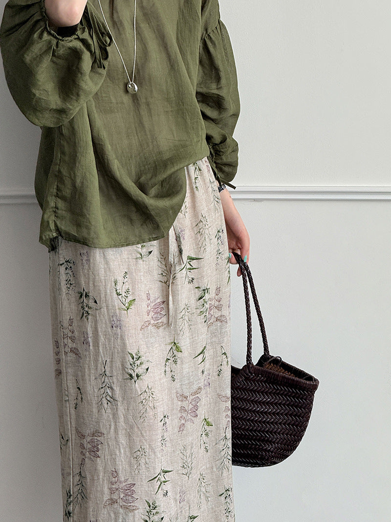 韓系復古文藝印花垂墜感半身長裙-2色