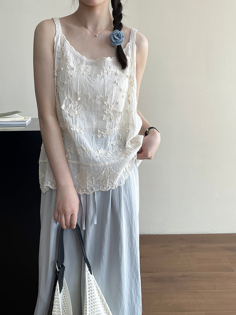 甜妹重工刺繡蕾絲緹花吊帶背心上衣-2色