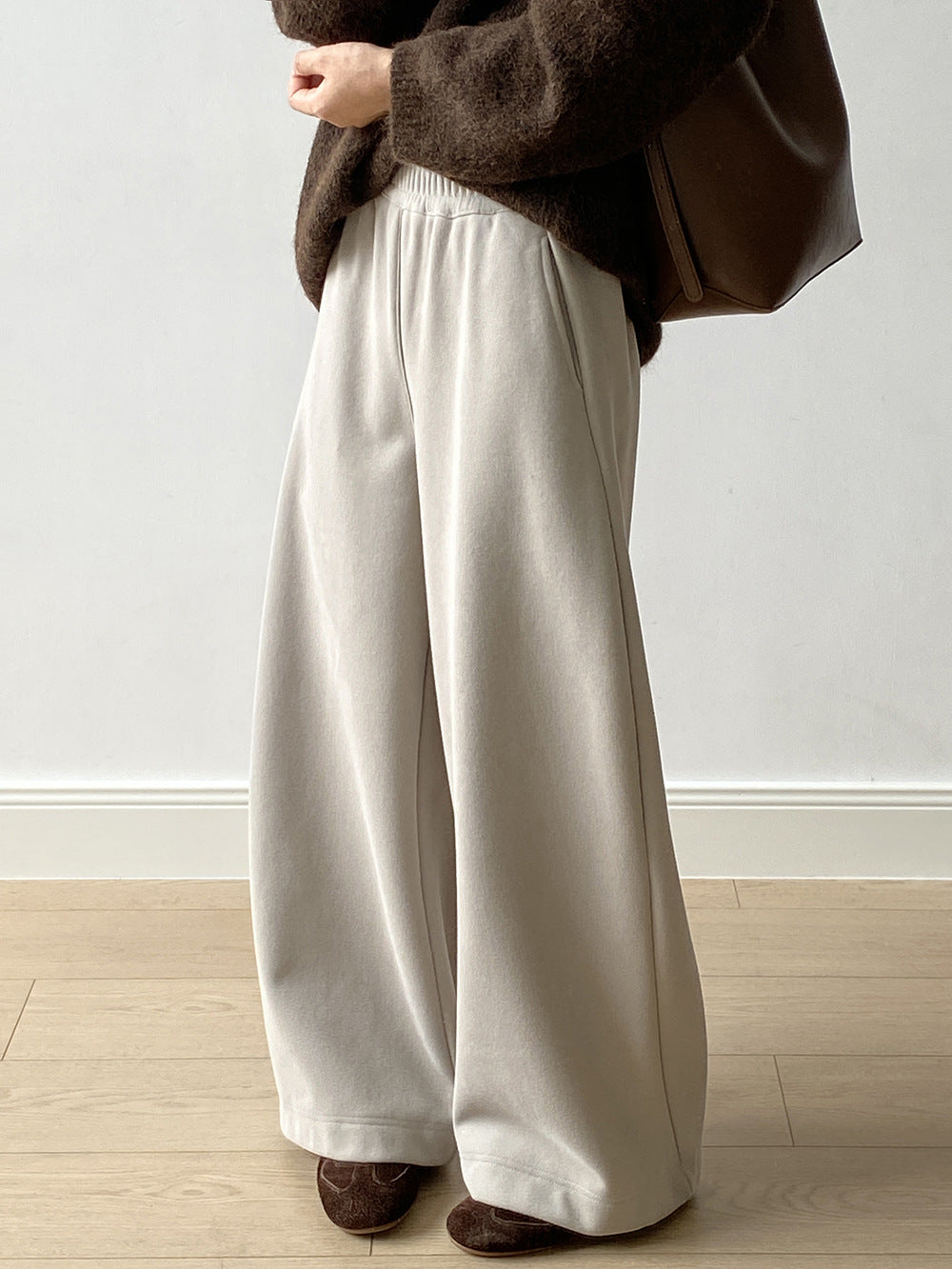 簡約寬鬆加絨保暖高腰顯瘦闊腿長褲-3色